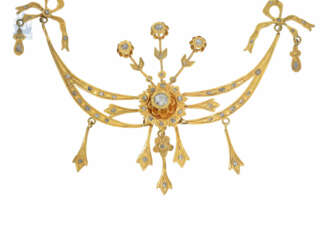 Kette/Collier: antikes, ausgesprochen dekoratives und seltenes Collier aus Gold, besetzt mit Diamantrosen, 19. Jahrhundert