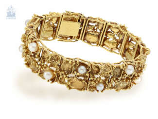 Armband: goldenes, ehemals sehr teures und hochwertiges Designer-Armband mit Zuchtperlen, vermutlich ein Unikat