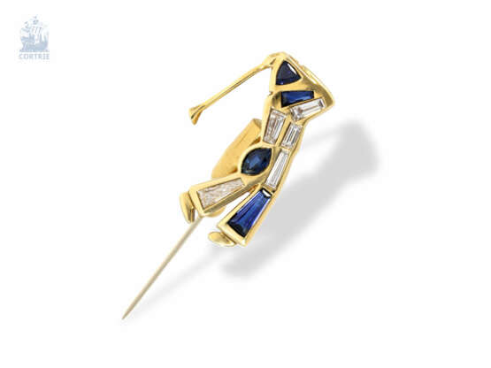 Brosche/Nadel: ausgefallene Designer-Anstecknadel, "Golfspieler", Handarbeit aus 18K Gold mit Diamanten und Saphiren besetzt, ca. 1ct - фото 1
