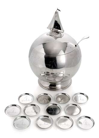Grosses Bowlengefäß aus Silber mit 12 Untersetzern für Gläser - Foto 1