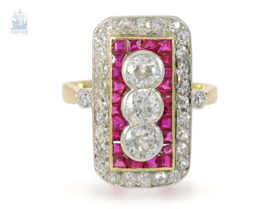 Ring: sehr feiner und hochwertiger Art déco Ring mit Altschliff-Diamant/Rubin-Besatz, Diamanten von ca. 1ct - Foto 1