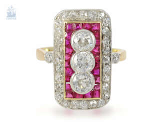 Ring: sehr feiner und hochwertiger Art déco Ring mit Altschliff-Diamant/Rubin-Besatz, Diamanten von ca. 1ct