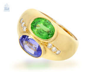 Ring: massiver, ausgefallener Farbstein/Brillant-Goldschmiedering, hochwertige Handarbeit, 18K Gold