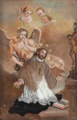 Hinterglasbild - Johannes Nepomuk im Gebet vor dem Kruzifix