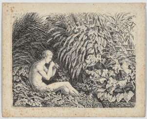 Naked boy in the reeds, a flute playing