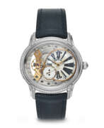 Pearls. AUDEMARS PIGUET, WHITE GOLD AND DIAMOND-SET SEMI-SKELETONIZED 'MILLENARY', WITH MOTHER OF PEARL DIAL, REF. 77247BC 