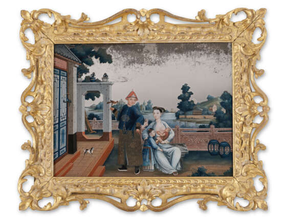A CHINESE REVERSE-PAINTED MIRROR IN AN EARLY GEORGE III GILTWOOD FRAME - фото 1
