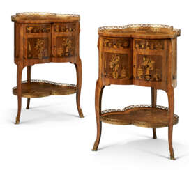 A PAIR OF LOUIS XV STYLE TULIPWOOD, AMARANTH, FRUITWOOD AND MARQUETRY OCCASIONAL TABLES