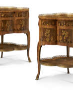 Übersicht. A PAIR OF LOUIS XV STYLE TULIPWOOD, AMARANTH, FRUITWOOD AND MARQUETRY OCCASIONAL TABLES