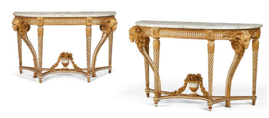 A PAIR OF LATE LOUIS XV WHITE PAINTED AND PARCEL-GILT CONSOLE TABLES - photo 1