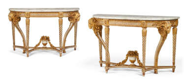 A PAIR OF LATE LOUIS XV WHITE PAINTED AND PARCEL-GILT CONSOLE TABLES