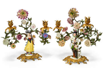 A PAIR OF FRENCH ORMOLU-MOUNTED, MEISSEN, FRENCH PORCELAIN AND TOLE PEINTE TWO-LIGHT CANDELABRA