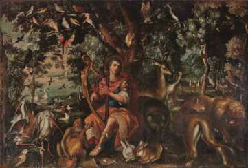 Orpheus bezaubert Bäume und Tiere mit seinem Harfenspiel