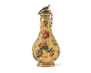 A GEORGE IV ENAMELED GLASS SCENT-BOTTLE WITH GOLD CAGEWORK
