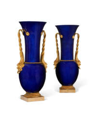 A PAIR OF LATE LOUIS XVI ORMOLU-MOUNTED BLUE SEVRES PORCELAIN VASES