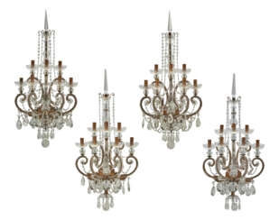 A SET OF FOUR GILT-METAL AND CUT-GLASS WALLLIGHTS