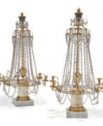 Подсвечники. A PAIR OF RUSSIAN ORMOLU, VEINED WHITE MARBLE AND CUT GLASS SIX-LIGHT CANDELABRA