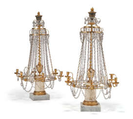 A PAIR OF RUSSIAN ORMOLU, VEINED WHITE MARBLE AND CUT GLASS SIX-LIGHT CANDELABRA