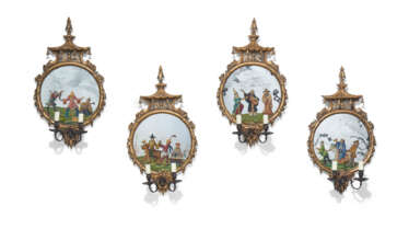 A GROUP OF FOUR ENGLISH CHIPPENDALE-REVIVAL REVERSE-PAINTED MIRROR AND GILTWOOD WALL SCONCES