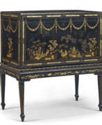 Gold ground. A CHINESE EXPORT BLACK AND GILT LACQUER CHEST-ON-STAND