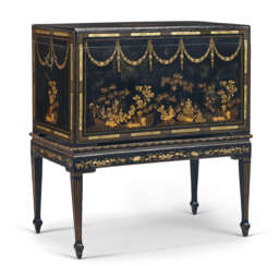 A CHINESE EXPORT BLACK AND GILT LACQUER CHEST-ON-STAND
