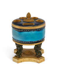 A FRENCH ORMOLU, PATINATED BRONZE AND CHINESE PORCELAIN INKWELL