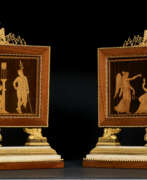 Marketerie. A PAIR OF ROYAL ITALIAN ORMOLU-MOUNTED AMARANTH, MARQUETRY AND WHITE MARBLE TABLE SCREENS