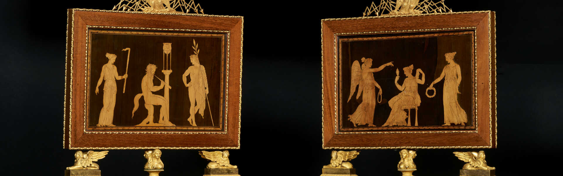 A PAIR OF ROYAL ITALIAN ORMOLU-MOUNTED AMARANTH, MARQUETRY AND WHITE MARBLE TABLE SCREENS