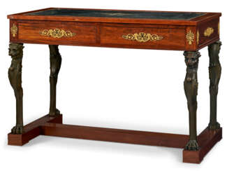 AN EMPIRE ORMOLU AND PATINATED BRONZE-MOUNTED MAHOGANY LIBRARY TABLE