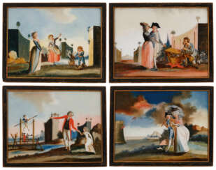 A SET OF FOUR REVERSE PAINTED PANELS