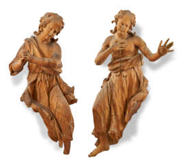 A PAIR OF CARVED LINDENWOOD FIGURES OF ANGELS