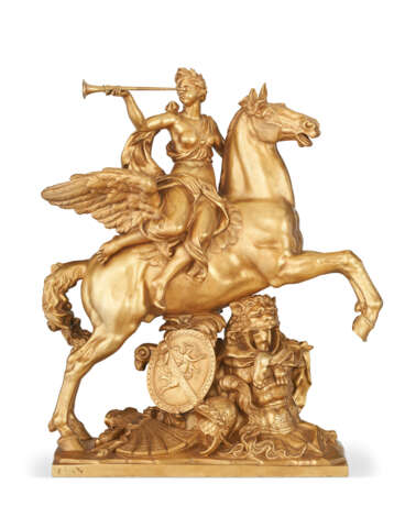 A FRENCH BRONZE GROUP OF FAME ASTRIDE A HORSE - Foto 1