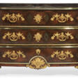 A REGENCE ORMOLU-MOUNTED AND BRASS-INLAID AMARANTH, KINGWOOD, TULIPWOOD AND INDIAN ROSEWOOD COMMODE - Auction prices