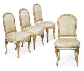 A NEAR PAIR OF LOUIS XVI WHITE-PAINTED AND PARCEL-GILT CHAISES