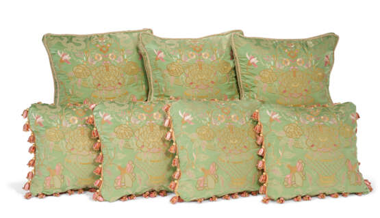 A GROUP OF SEVEN EMBROIDERED GREEN SILK DAMASK CUSHIONS - фото 1