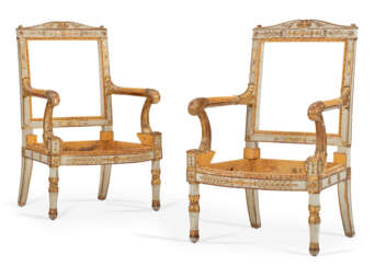 A PAIR OF EMPIRE WHITE-PAINTED AND PARCEL-GILT FAUTEUILS