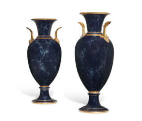 A LARGE PAIR OF ORMOLU-MOUNTED SEVRES PORCELAIN FAUX LAPIS GROUND VASES (VASES FORME OEUF, 3EME GRANDUER)