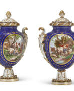 Minton Ceramic Factory. A PAIR OF MINTON PORCELAIN COBALT-BLUE GROUND VASES AND COVERS