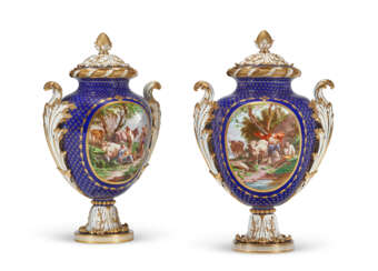 A PAIR OF MINTON PORCELAIN COBALT-BLUE GROUND VASES AND COVERS
