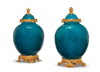 A PAIR OF FRENCH ORMOLU-MOUNTED TURQUOISE PORCELAIN VASES