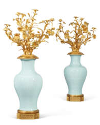 A LARGE PAIR OF FRENCH ORMOLU AND CRACKLE-GLAZED PORCELAIN CANDELABRA