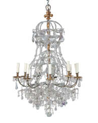 A LOUIS XIV STYLE GILTWOOD, ORMOLU, CUT AND MOLDED GLASS AND ROCK CRYSTAL TEN-LIGHT ‘EN LACÉ’ CHANDELIER