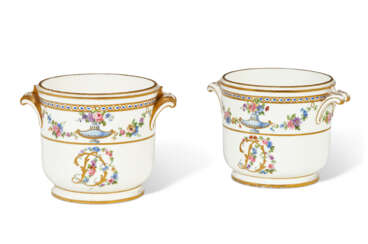 A SMALL PAIR OF SEVRES PORCELAIN (LATER-DECORATED) GLASS COOLERS