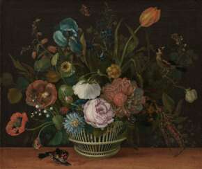 Still life with flowers and insects and birds
