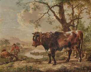 Stier und zwei Angler an einem Flusslauf