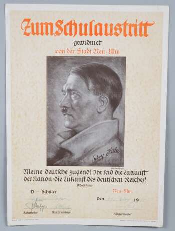 Drittes Reich: Urkunde zum Schulaustritt gewidmet von der Stadt Neu-Ulm, 1941 - photo 1