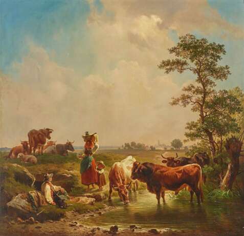Hirtenfamilie mit Vieh an Wasserlauf - фото 1