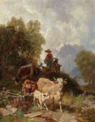Hirtin mit Vieh in Gebirgslandschaft