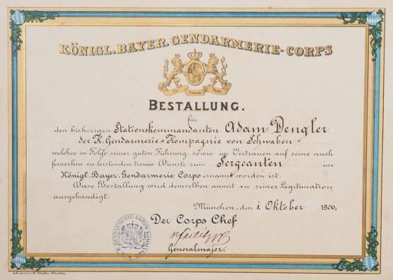 Paar Bestallungsurkunden, Königl. Bayer. Gendarmerie-Korps, Kompanie von Schwaben 1906/07 - photo 2