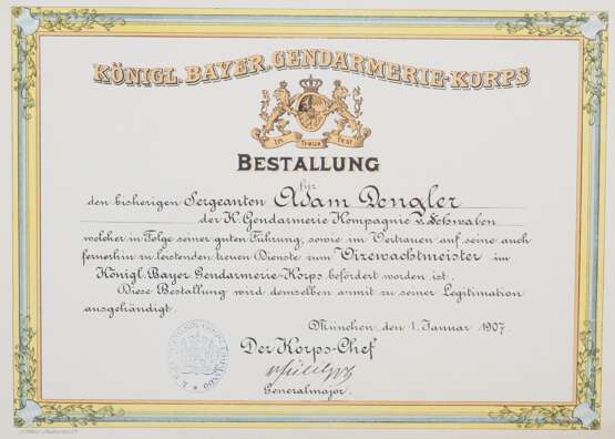 Paar Bestallungsurkunden, Königl. Bayer. Gendarmerie-Korps, Kompanie von Schwaben 1906/07 - photo 3